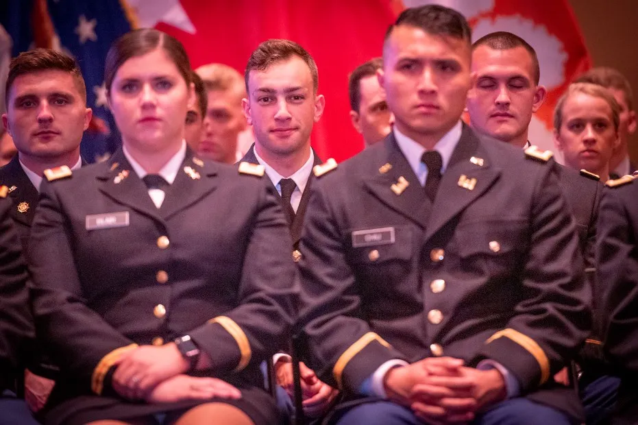 A newly commissioned Army officer taking the oath at an ROTC ceremony