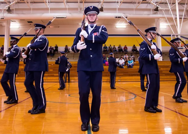 Air Force ROTC honor guard cadets standing at attention in formal dress