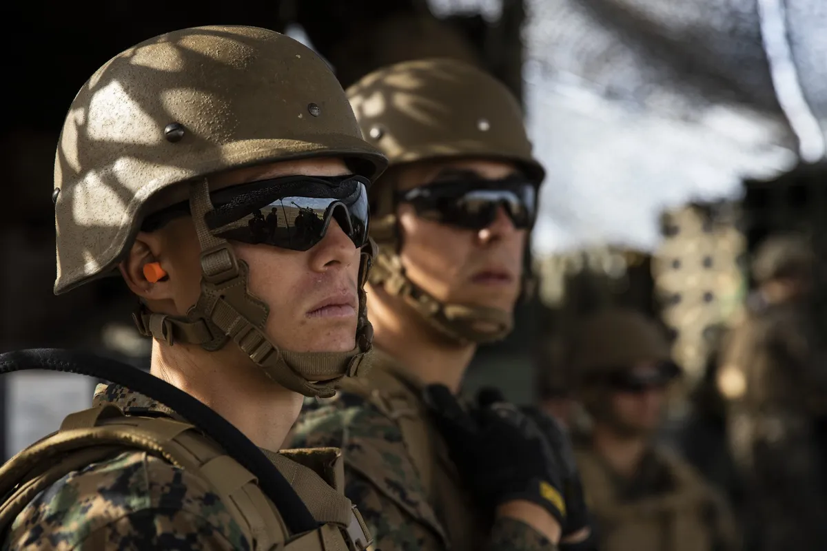 Marine Corps ROTC students under instruction during field training